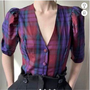 ZARA plaid Blouse puff sleeve Size S NEW WITH TAG!